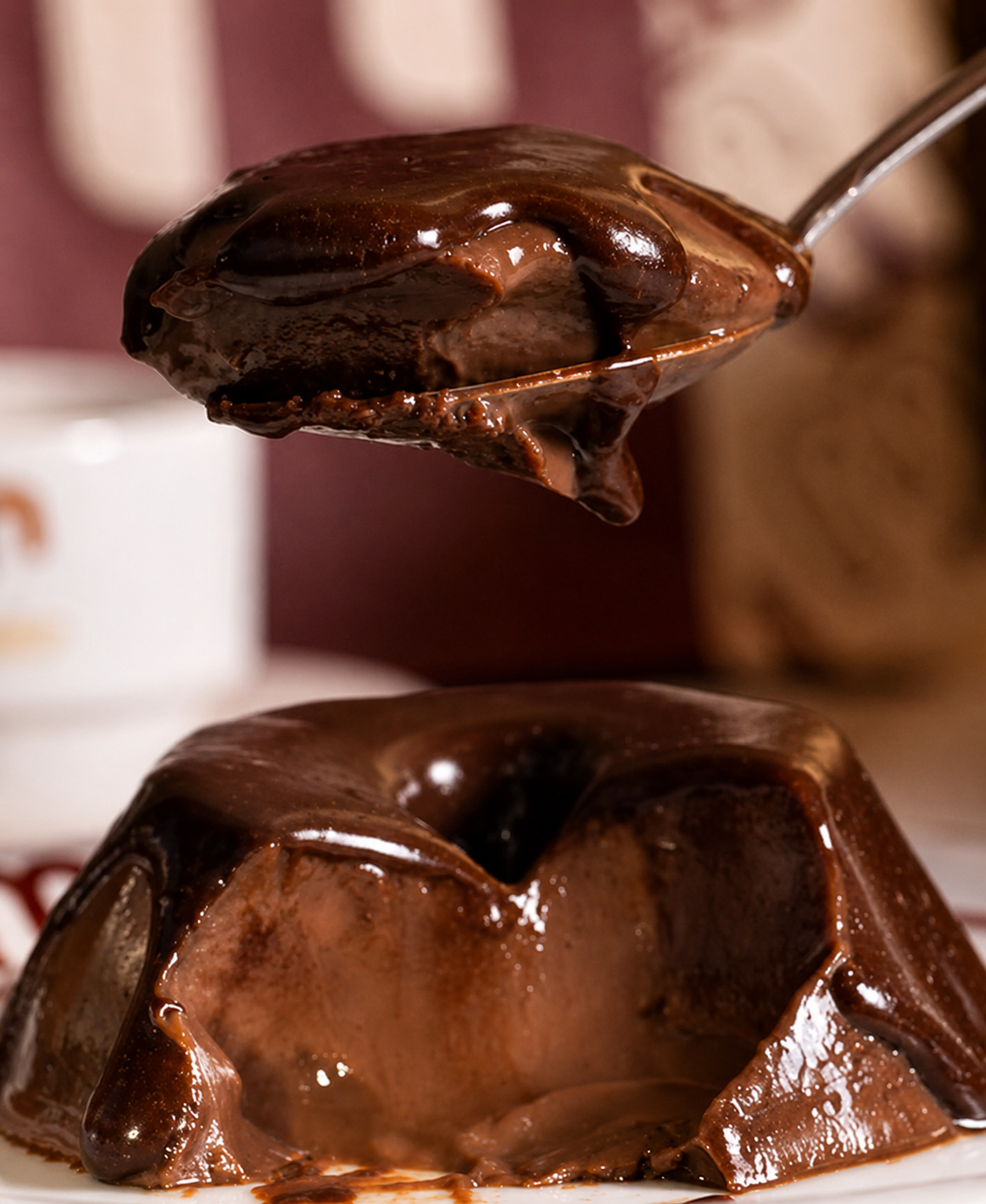 Colher levantando uma porção cremosa de pudim de chocolate coberto com ganache