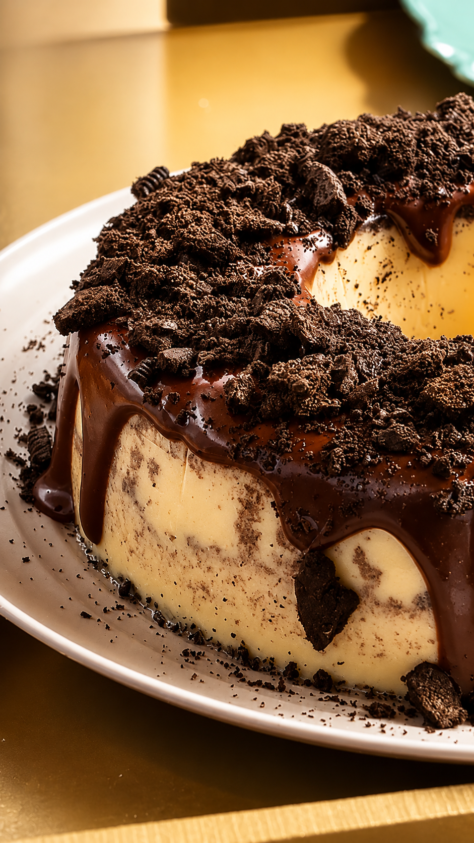 Pudim coberto por ganache espessa e muitos pedaços de biscoito Oreo